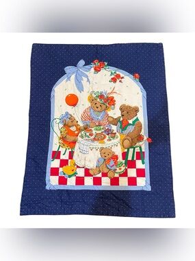 Vtg VIP TEDDIE'S TEA PARTY CRAFTING PANEL Crib  Quilt Wall Hanging 32”x 45”